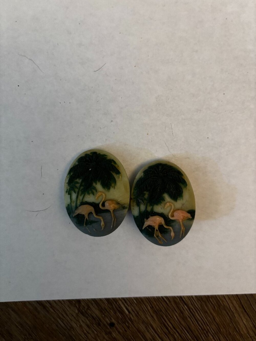 Clip on earrings 3D palm trees pink Flamingos lucite